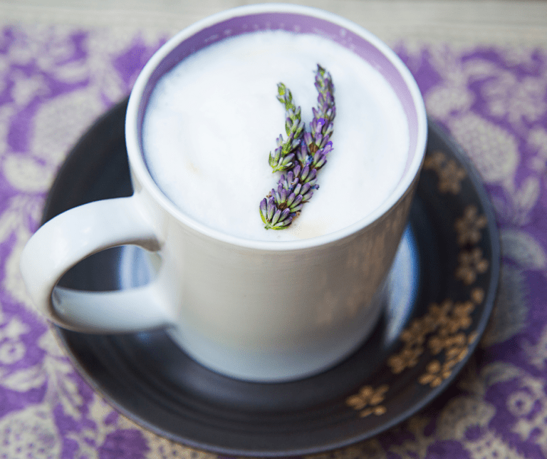 Honey lavender latte served in a white mug